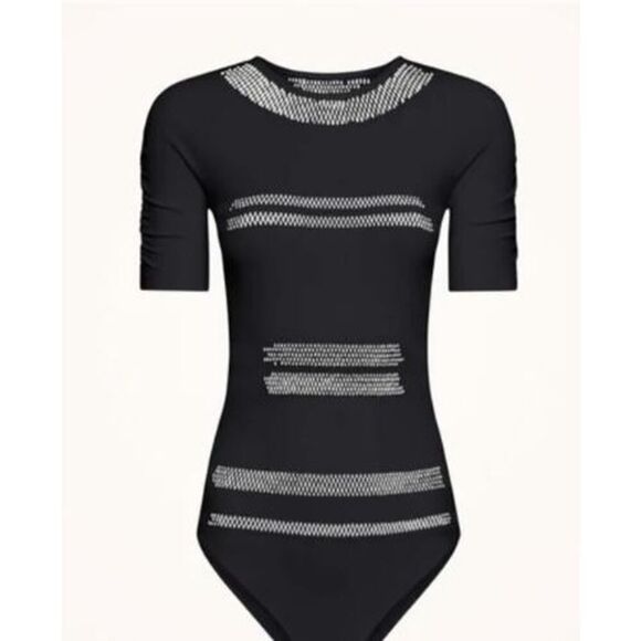 Wolford Women's Net Lines Short Sleeve Bodysuit Top Black Sz S NWT 298 - Picture 1 of 5